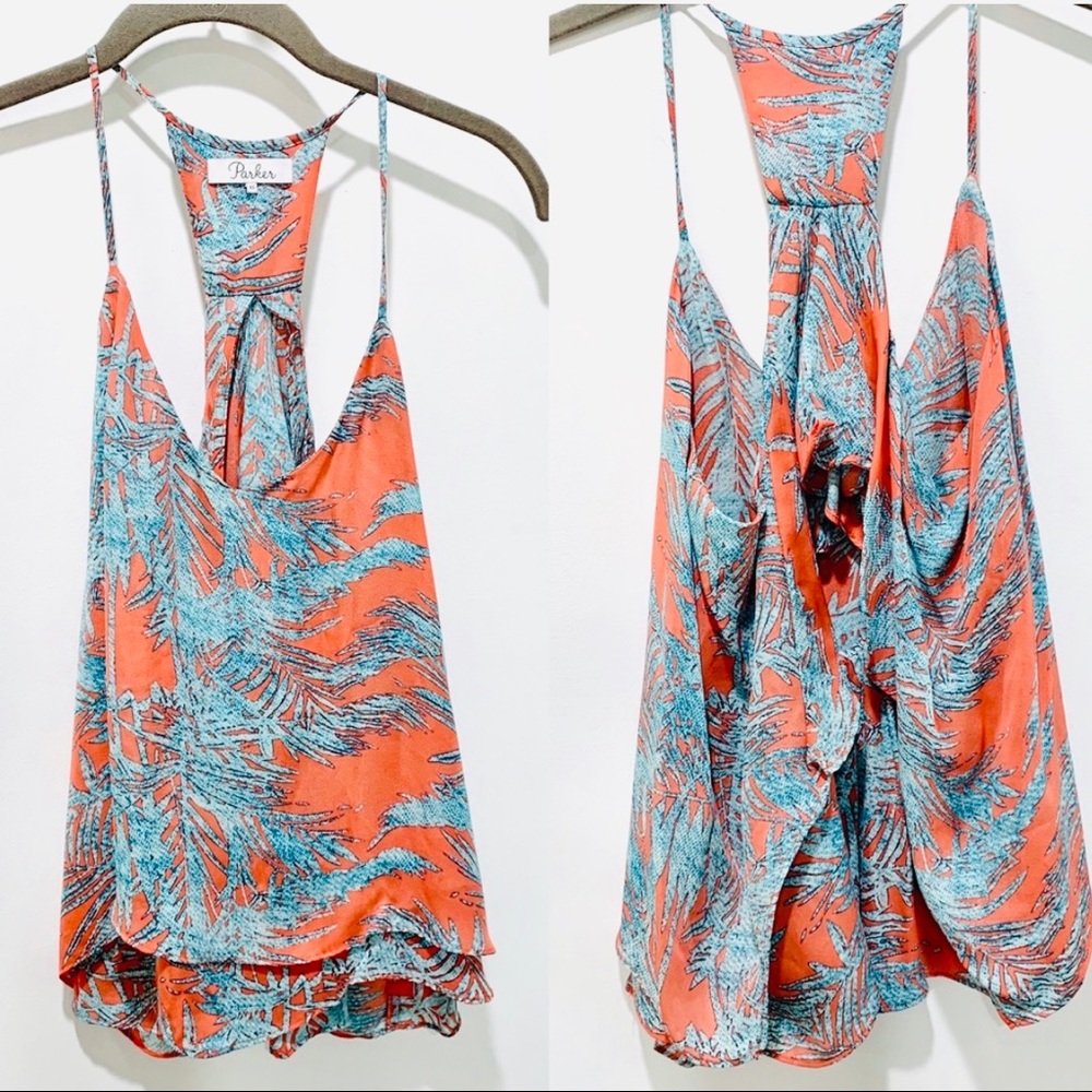 Parker- Coral Silk Palm Print Keyhole Back Top